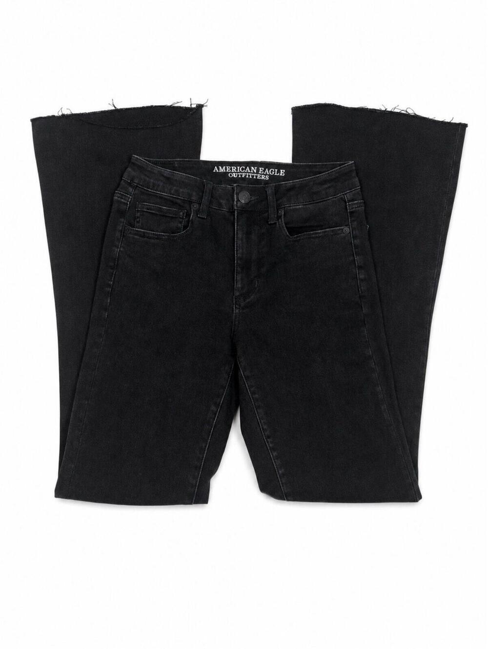 American Eagle Hi-Rise Slim Flare Jeans Womens 6 Short Black Distressed Raw Hem